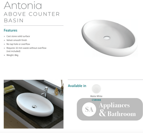 Fienza CSB088 Antonia Cast Stone Solid Surface Basin Matte White - Basins