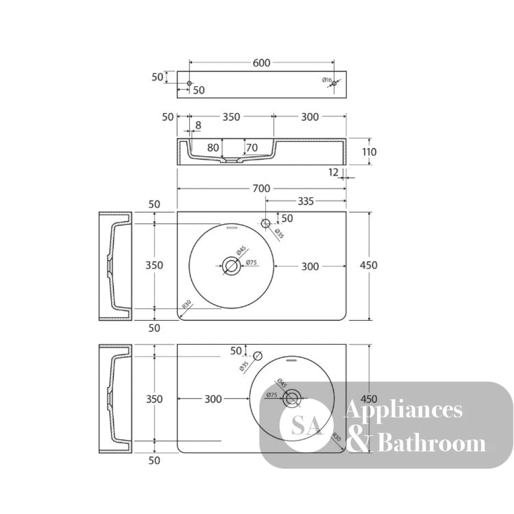 Fienza CSB11-70L Encanto 700 Cast Stone Wall Basin One Tap Hole Left Bowl - Basins