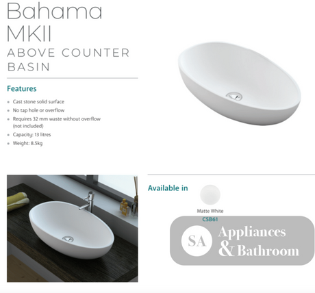 Fienza CSB61 Bahama MK11 Above Counter Solid Surface Basin Matte White - Basins