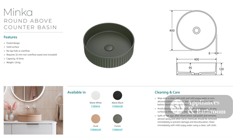 Fienza CSB802F Minka Round Solid Surface Above Counter Basin Forest Finish - Basins