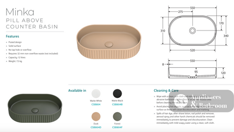 Fienza CSB804 Minka Pill Solid Surface Above Counter Basin Matte White - Basins