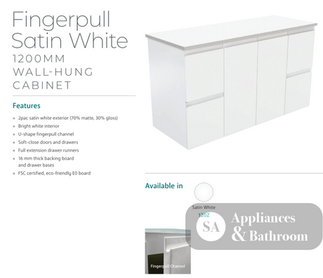 Fienza Dolce 1200Mm Tcl120Z Fingerpull Wall Hung Vanity Satin White - Special Order Units