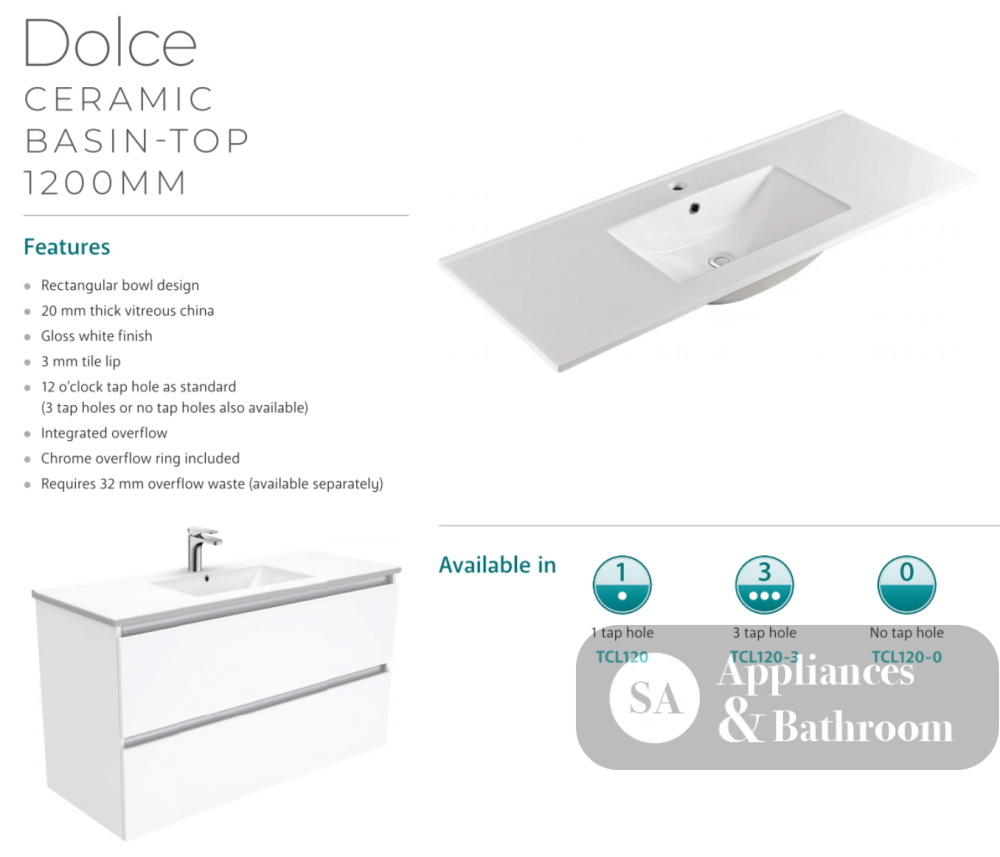 Fienza Dolce 1200Mm Tcl120Z Fingerpull Wall Hung Vanity Satin White - Special Order Units
