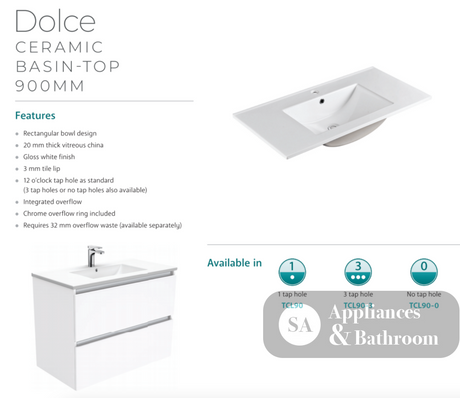 Fienza Dolce 900Mm Tcl90Tk Hampton White Vanity Unit On Kickboard - Special Order Units