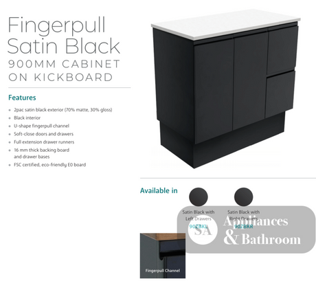 Fienza Dolce Black Tcl90Zbkl 900Mm Vanity With Kickboard Left Drawers - Special Order Units
