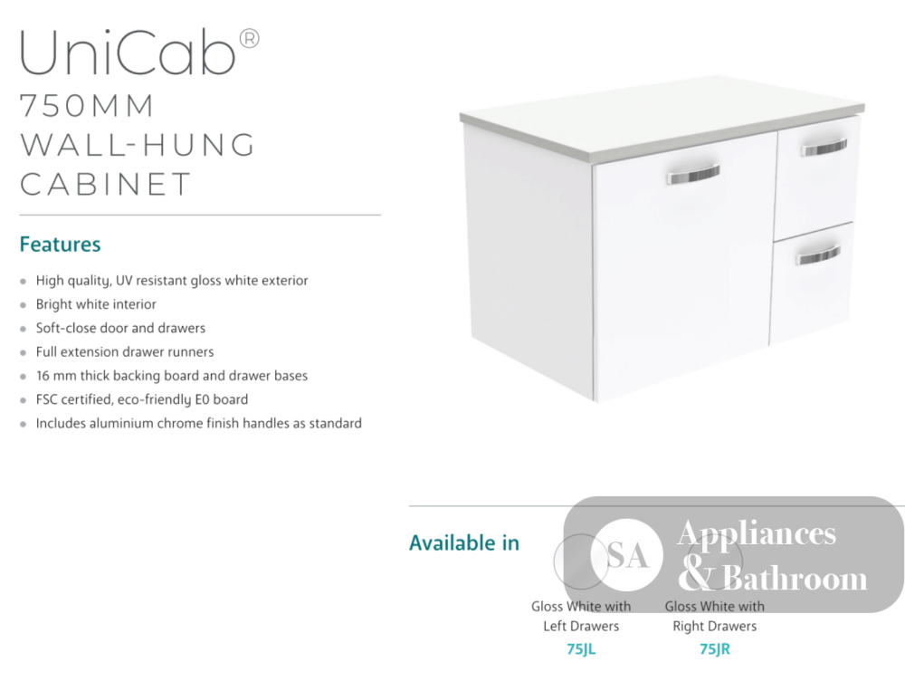 Fienza Dolce Ceramic Tcl75Jl 750Mm White Wall Hung Vanity With Handles Left Hand Drawers - Special