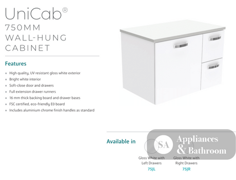 Fienza Dolce Ceramic Tcl75Jr 750Mm White Wall Hung Vanity With Handles Right Hand Drawers - Special