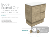Fienza Dolce Edge Tcl75Skr Scandi Oak 750Mm Vanity With Kickboard Right Drawers - Special Order