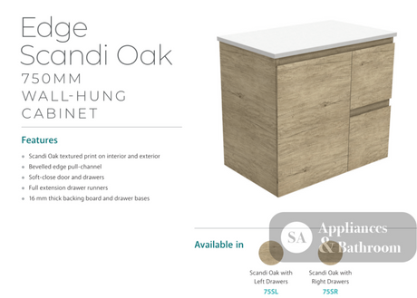 Fienza Dolce Edge Tcl75Sl Scandi Oak 750Mm Wall Hung Vanity Left Drawers - Special Order Units