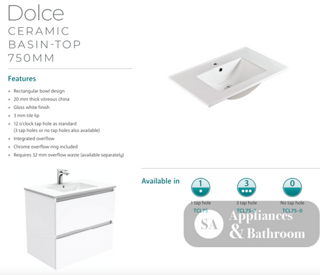 Fienza Dolce Edge Tcl75Sr Scandi Oak 750Mm Wall Hung Vanity Right Drawers - Special Order Units