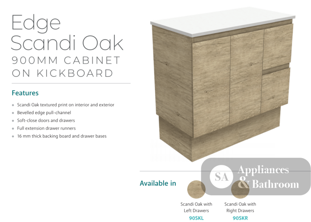 Fienza Dolce Edge Tcl90Skr 900Mm Scandi Oak Vanity With Kickboard Right Drawers - Special Order