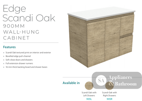 Fienza Dolce Edge Tcl90Sl 900Mm Scandi Oak Wall Hung Vanity Left Drawers - Special Order Units