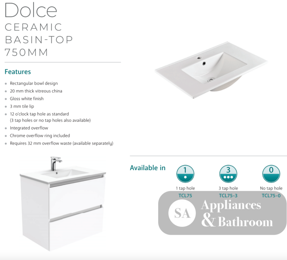 Fienza Dolce Hampton 750Mm Tcl75Tk White Vanity Unit On Kickboard - Special Order Units