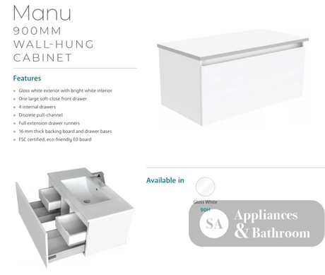 Fienza Dolce Manu Tcl90H 900Mm White Wall Hung Vanity Unit - Special Order Units