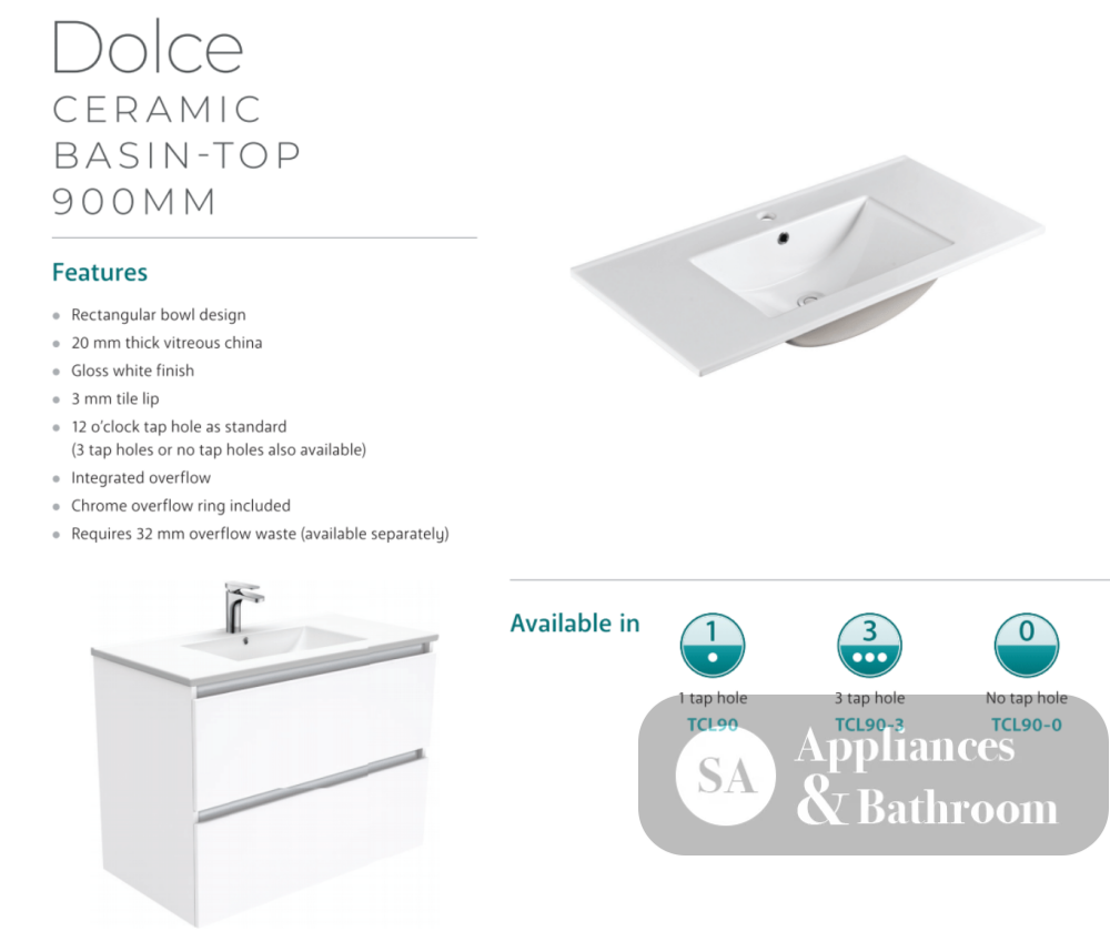 Fienza Dolce Manu Tcl90H 900Mm White Wall Hung Vanity Unit - Special Order Units