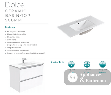 Fienza Dolce Manu Tcl90H 900Mm White Wall Hung Vanity Unit - Special Order Units
