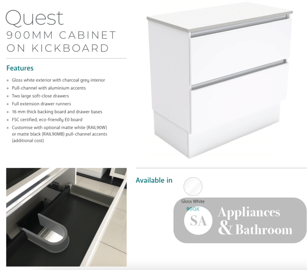 Fienza Dolce Quest 900Mm Tcl90Qk White Vanity Unit On Kickboard - Special Order Units