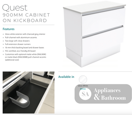 Fienza Dolce Quest 900Mm Tcl90Qk White Vanity Unit On Kickboard - Special Order Units