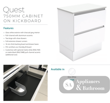 Fienza Dolce Quest Tcl75Qk 750Mm White Vanity Unit On Kickboard - Special Order Units