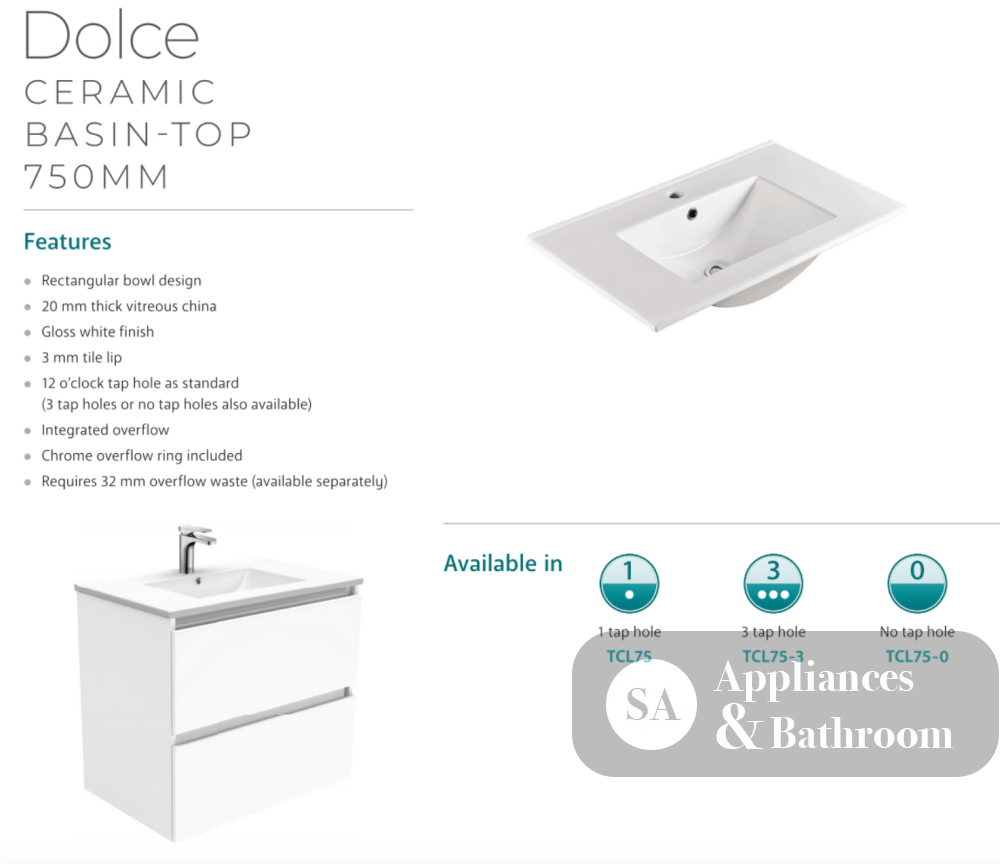Fienza Dolce Quest Tcl75Qk 750Mm White Vanity Unit On Kickboard - Special Order Units