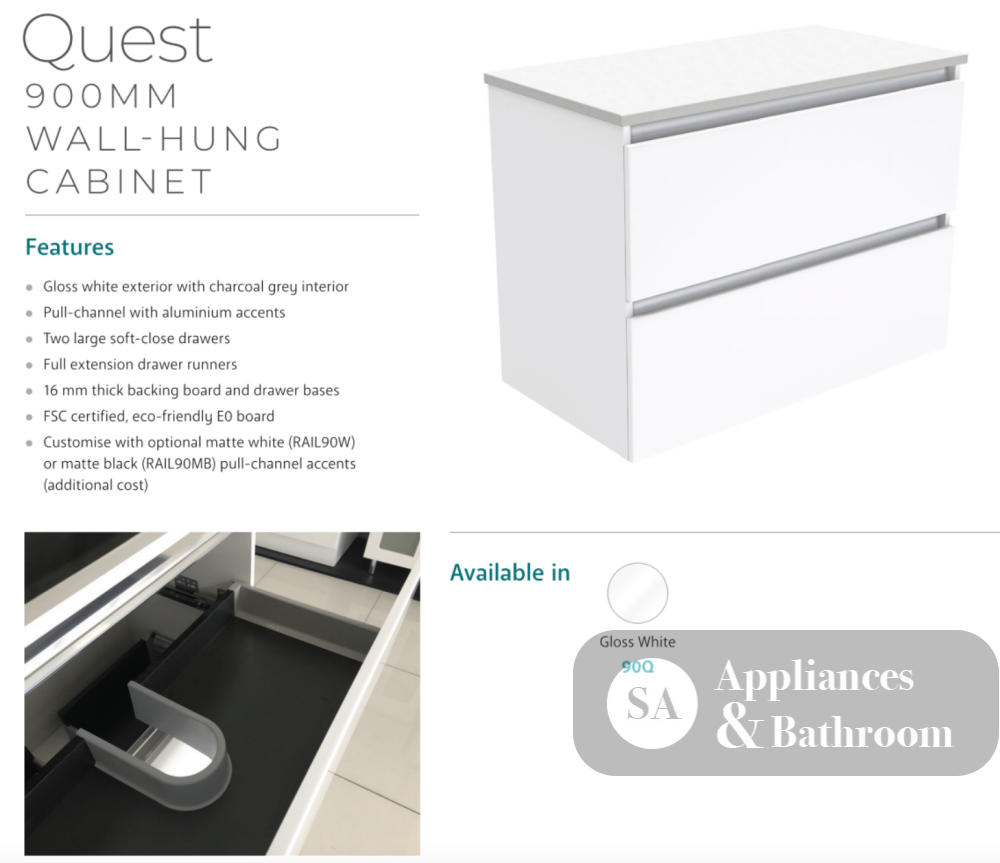 Fienza Dolce Quest Tcl90Q 900Mm White Wall Hung Vanity Unit - Special Order Units