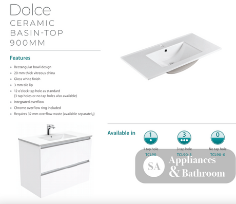 Fienza Dolce Quest Tcl90Q 900Mm White Wall Hung Vanity Unit - Special Order Units