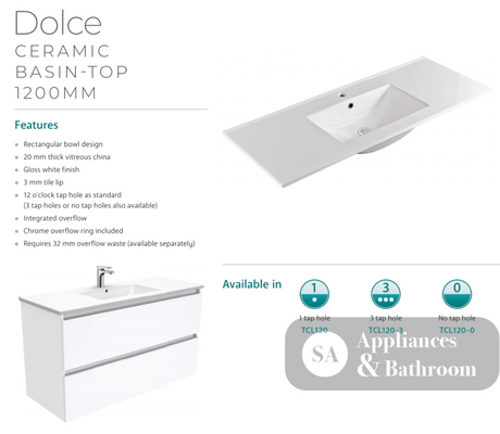 Fienza Dolce Tcl120C 1200Mm Fingerpull Vanity On Kickboard White - Special Order Units