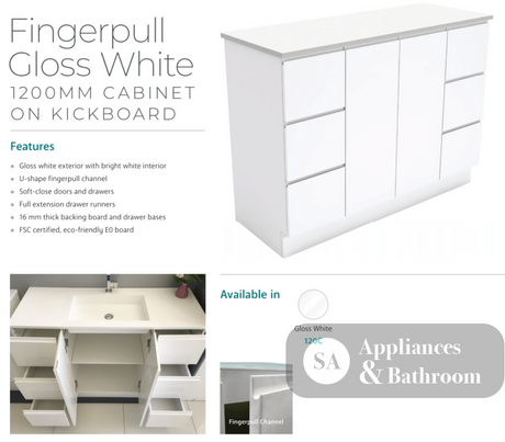 Fienza Dolce Tcl120C 1200Mm Fingerpull Vanity On Kickboard White - Special Order Units