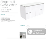 Fienza Dolce Tcl120F 1200Mm Fingerpull Wall Hung Vanity White - Special Order Units