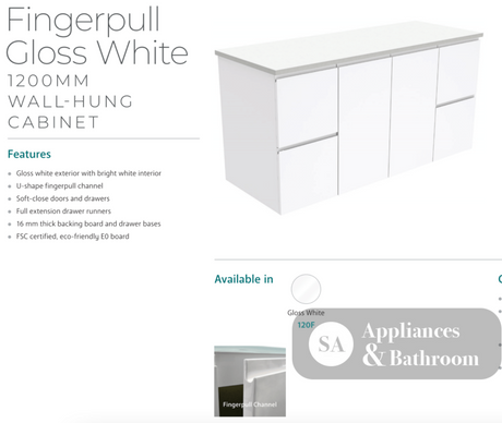 Fienza Dolce Tcl120F 1200Mm Fingerpull Wall Hung Vanity White - Special Order Units