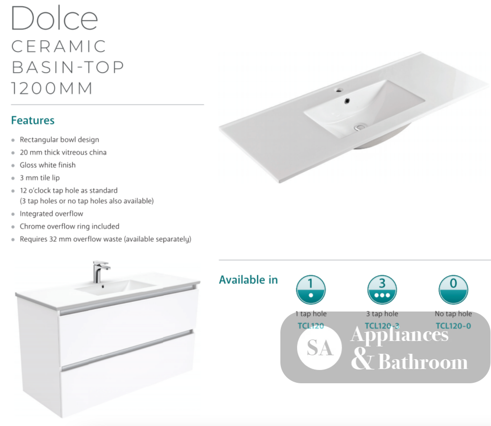Fienza Dolce Tcl120F 1200Mm Fingerpull Wall Hung Vanity White - Special Order Units