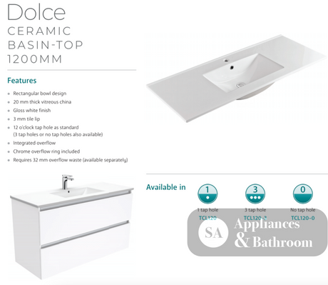 Fienza Dolce Tcl120F 1200Mm Fingerpull Wall Hung Vanity White - Special Order Units