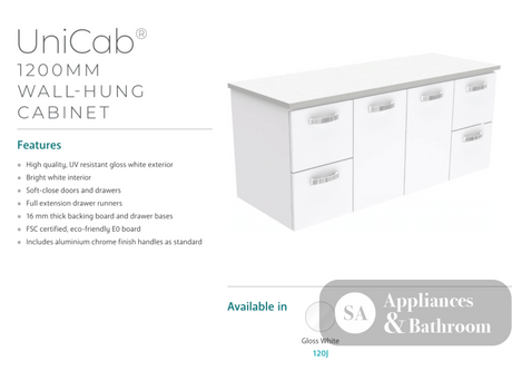 Fienza Dolce Tcl120J 1200Mm Ceramic Wall Hung Vanity With Handles White - Special Order Units