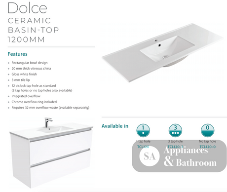 Fienza Dolce Tcl120Nkw 1200Mm Vanity With Kicker White - Special Order Units