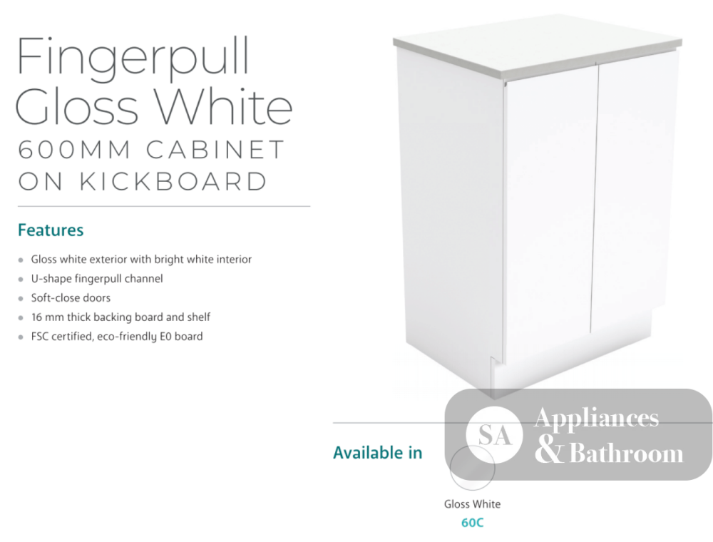 Fienza Dolce Tcl60C Fingerpull 600Mm White Vanity With Kickboard - Special Order Units