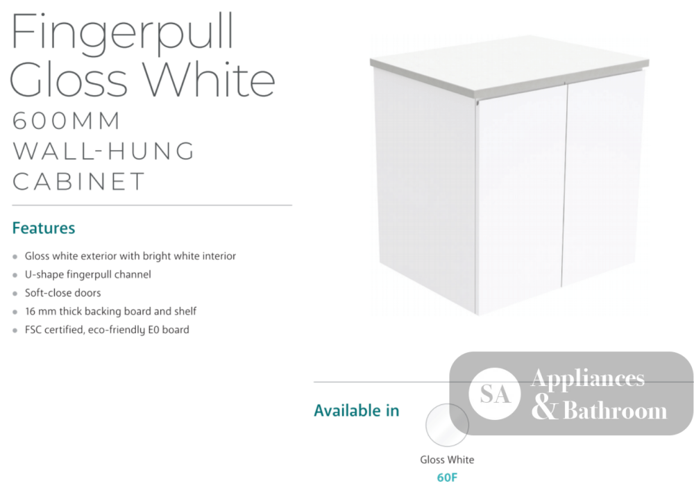 Fienza Dolce Tcl60F Fingerpull 600Mm Wall Hung White Vanity - Special Order Units