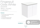 Fienza Dolce Tcl60F Fingerpull 600Mm Wall Hung White Vanity - Special Order Units