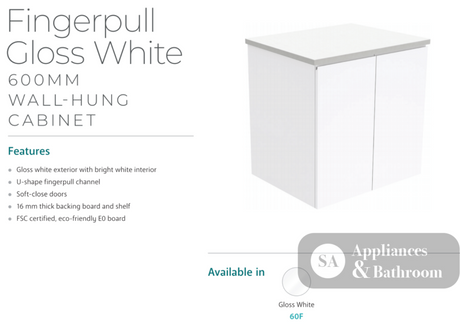 Fienza Dolce Tcl60F Fingerpull 600Mm Wall Hung White Vanity - Special Order Units