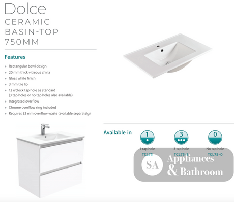 Fienza Dolce Tcl75Cl 750Mm White Fingerpull Vanity With Kickboard Left Hand Drawers - Special Order