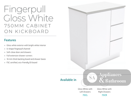 Fienza Dolce Tcl75Cl 750Mm White Fingerpull Vanity With Kickboard Left Hand Drawers - Special Order