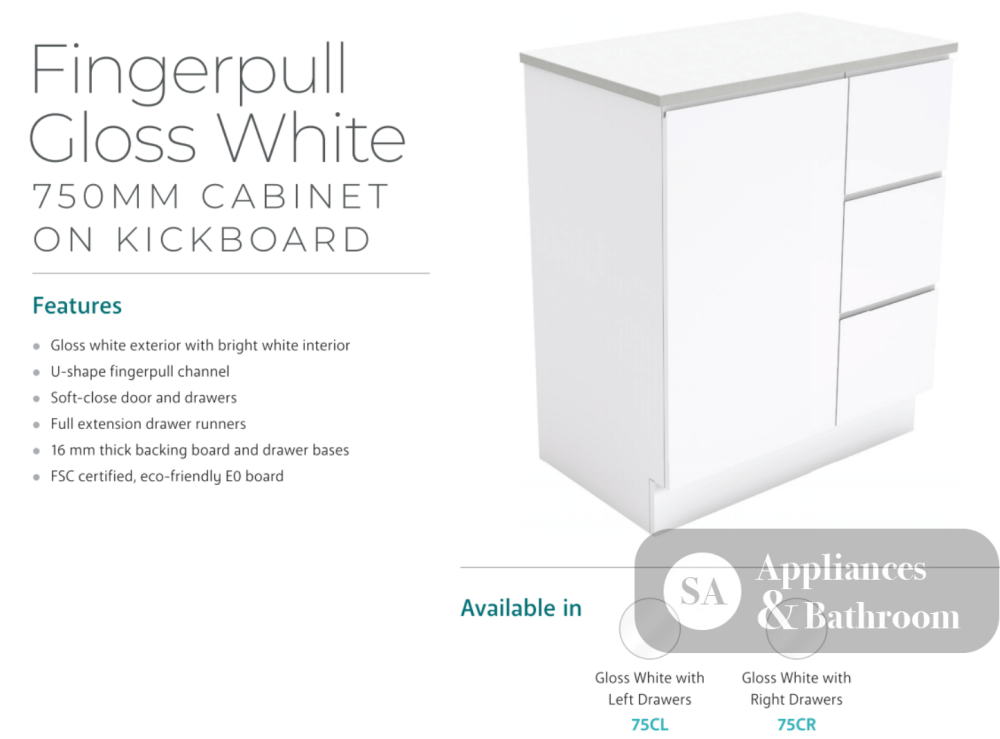 Fienza Dolce Tcl75Cr 750Mm White Fingerpull Vanity With Kickboard Right Hand Drawers - Special Order