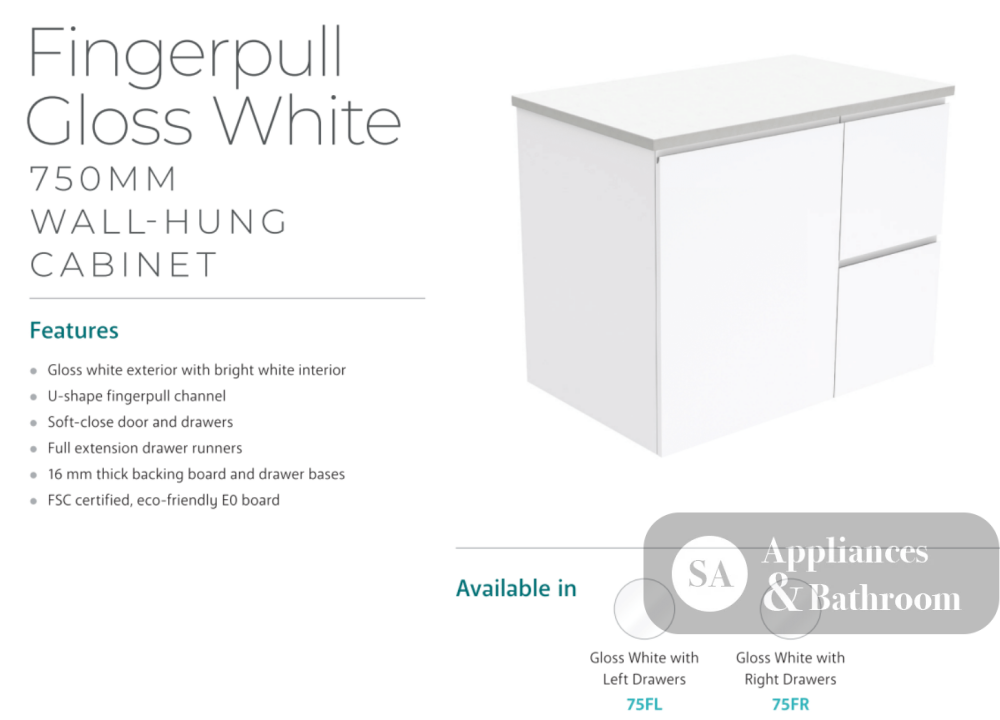 Fienza Dolce Tcl75Fl 750Mm White Fingerpull Wall Hung Vanity Left Hand Drawers - Special Order Units