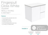 Fienza Dolce Tcl75Fl 750Mm White Fingerpull Wall Hung Vanity Left Hand Drawers - Special Order Units
