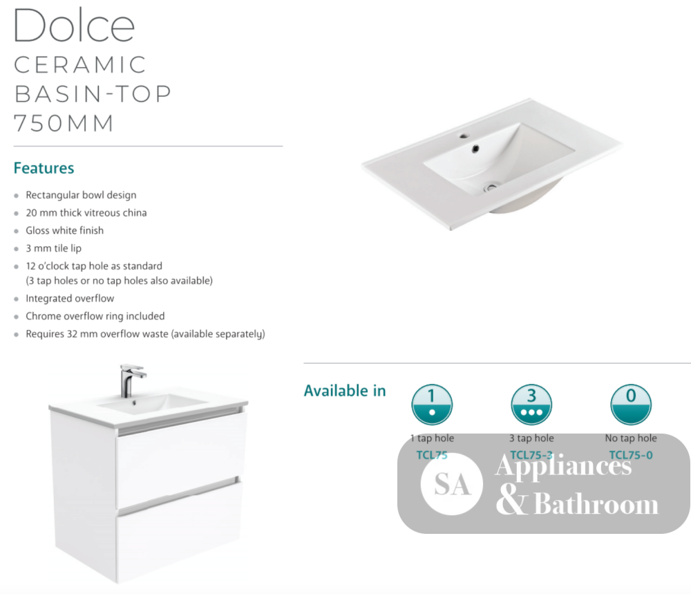 Fienza Dolce Tcl75Fl 750Mm White Fingerpull Wall Hung Vanity Left Hand Drawers - Special Order Units