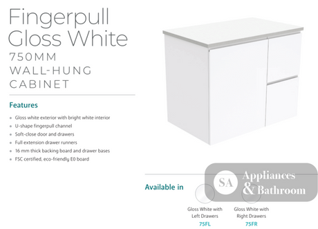 Fienza Dolce Tcl75Fr 750Mm White Fingerpull Wall Hung Vanity Right Hand Drawers - Special Order