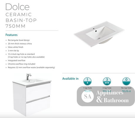 Fienza Dolce Tcl75H Manu 750Mm White Wall Hung Vanity Unit - Special Order Units