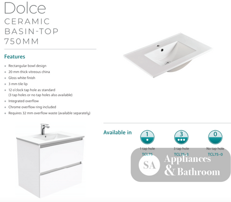 Fienza Dolce Tcl75Nkwl 750Mm White Vanity With Kicker Left Hand Drawers - Special Order Units