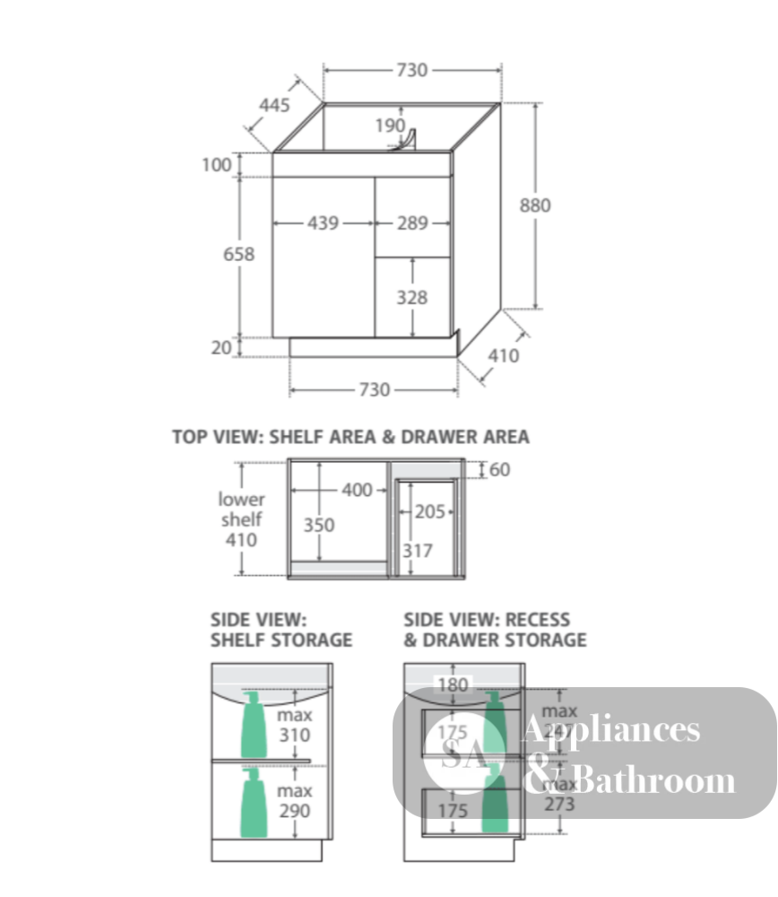 Fienza Dolce Tcl75Nkwr 750Mm White Vanity With Kicker Right Hand Drawers - Special Order Units