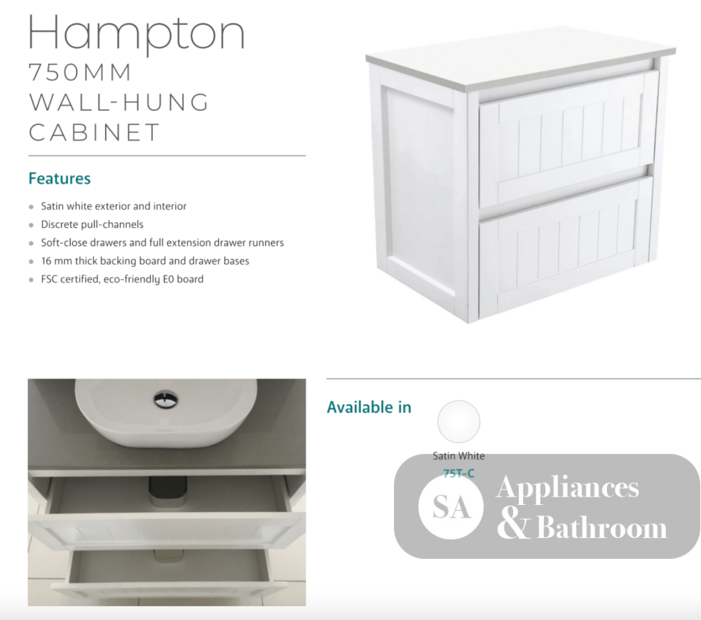 Fienza Dolce Tcl75T Hampton 750Mm Wall Hung Vanity Unit White - Special Order Units