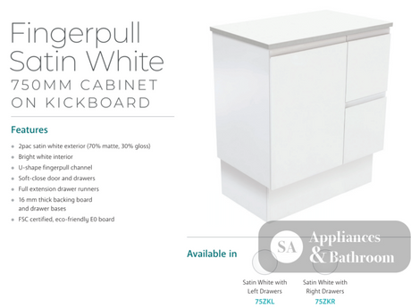 Fienza Dolce Tcl75Zkl Fingerpull Matte White 750Mm Vanity With Kickboard Left Drawers - Special